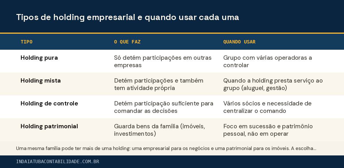 Tipos de holding empresarial e quando usar cada uma