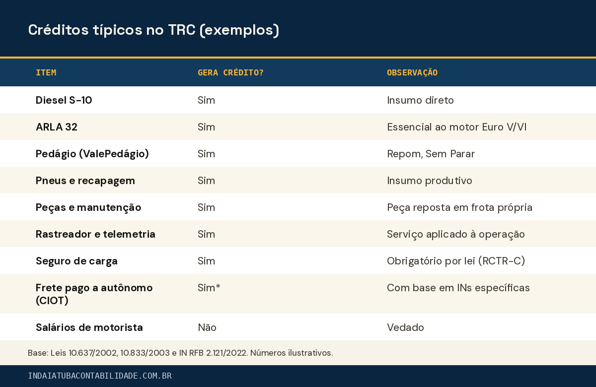 Créditos típicos no TRC (exemplos)